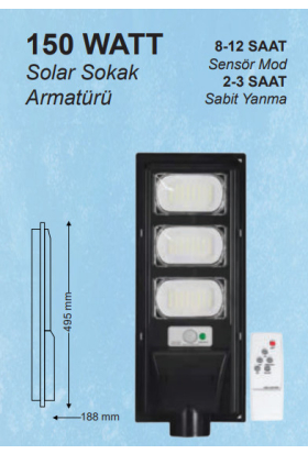 150w Ledli Güneş Enerjili Sensörlü Sokak Armatürü